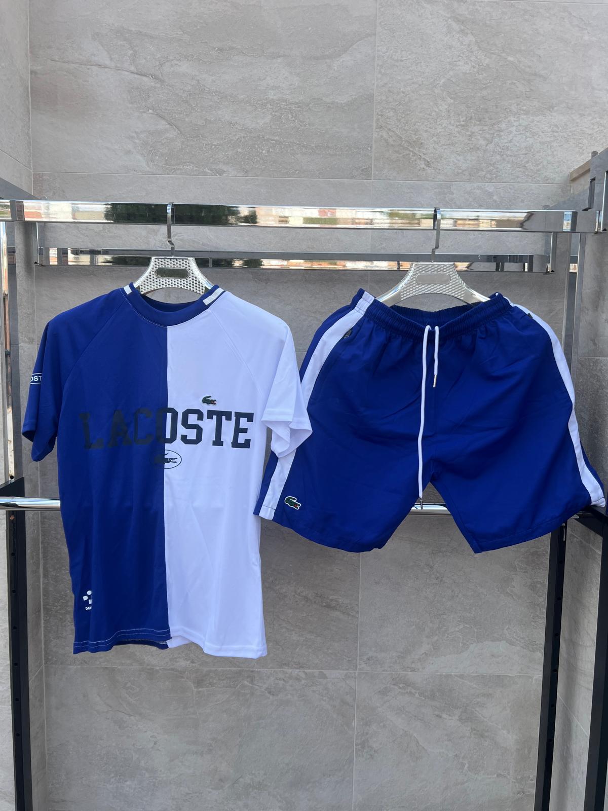 Conjunto corto lacoste blanco y azul logo negro