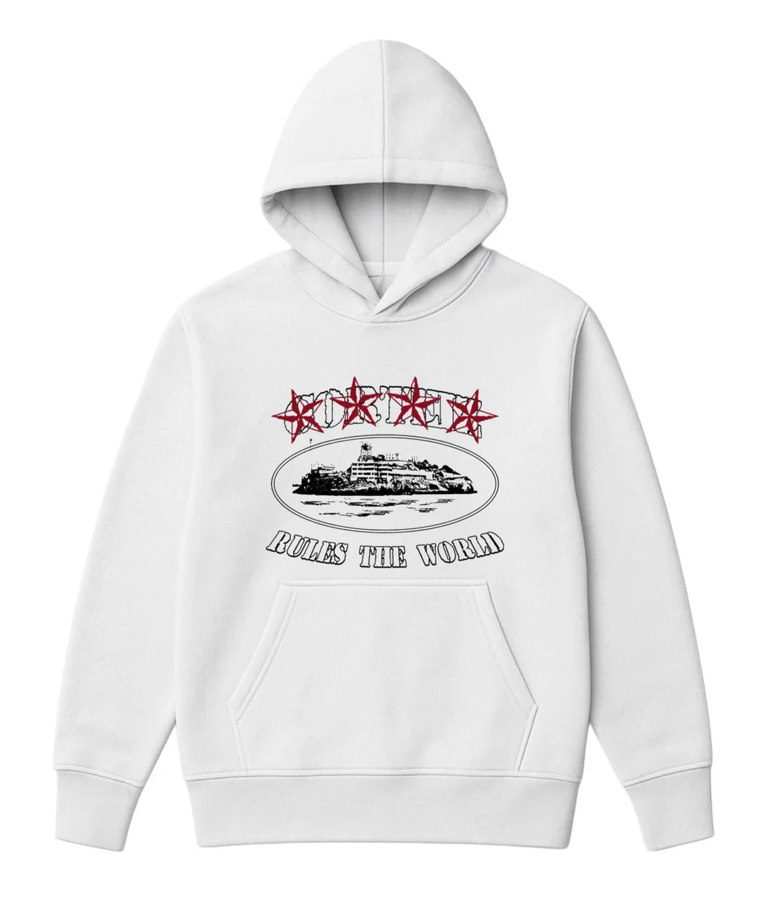 Sudadera CORTEIZ blanco logo negro estrellas rojas