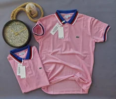 Polo Lacoste rosa detalles rojos y azules