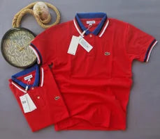 Polo Lacoste rojo detalles rojos y azules