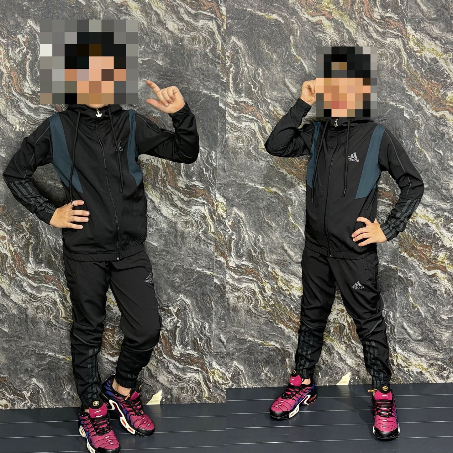 Chandal Adidas negro logo gris detalles azules niños