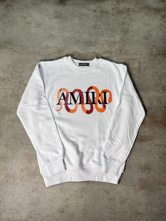 Sudadera AMIRI blanco logo negro serpientes rojas y naranjas