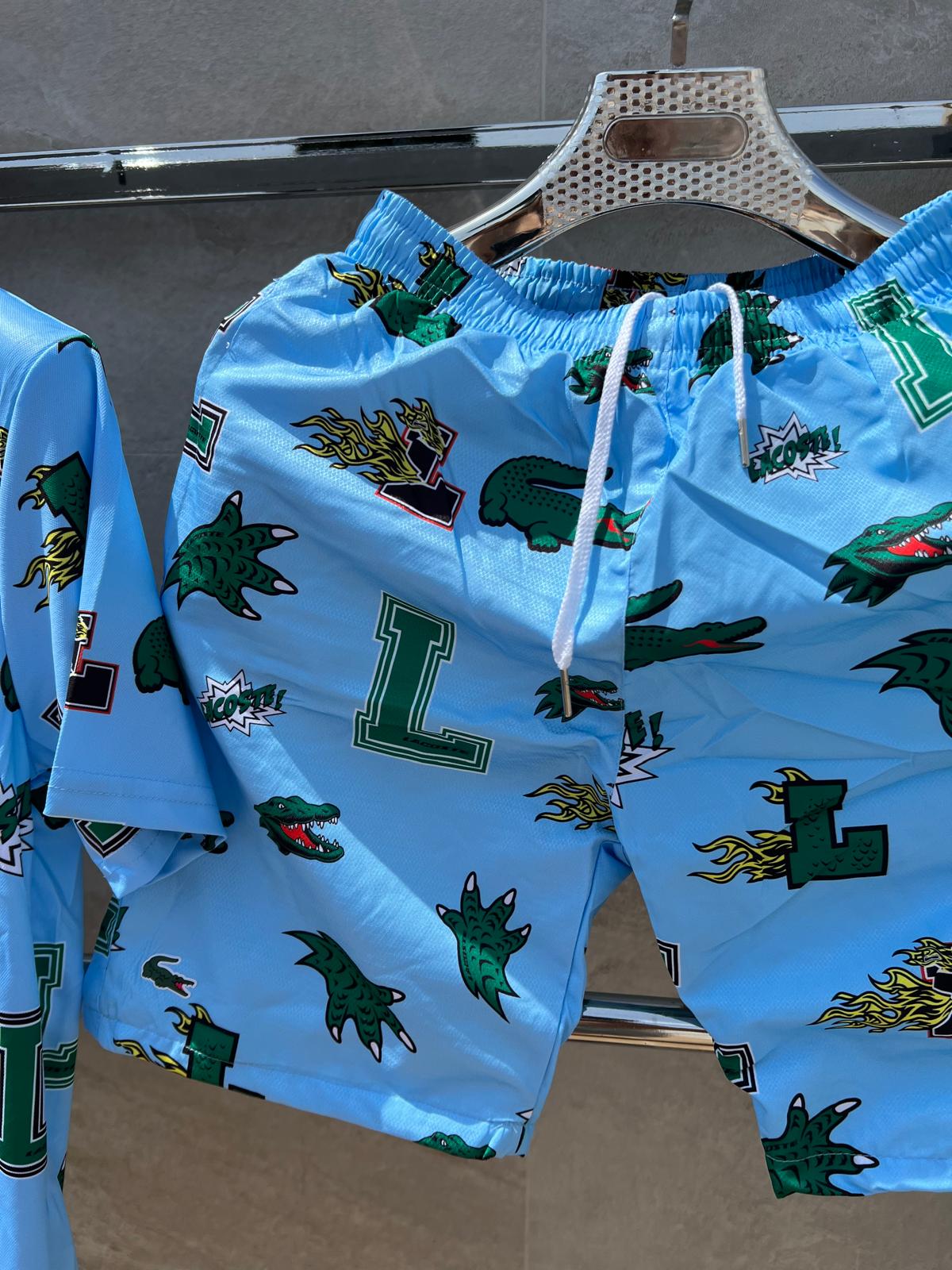 Conjunto corto lacoste azul logos verdes