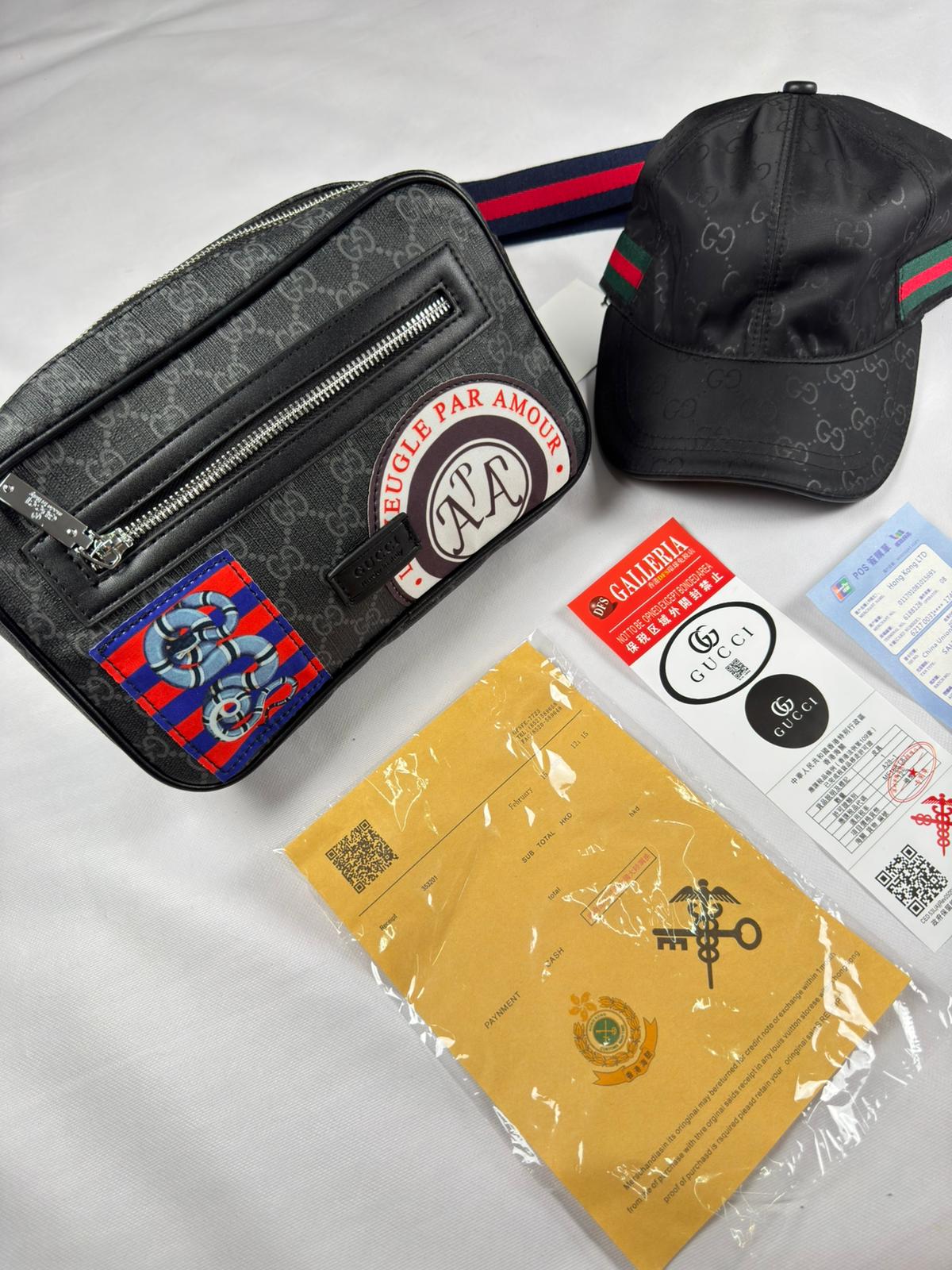 Pack Bolso de mano + gorra gucci negro logo gris