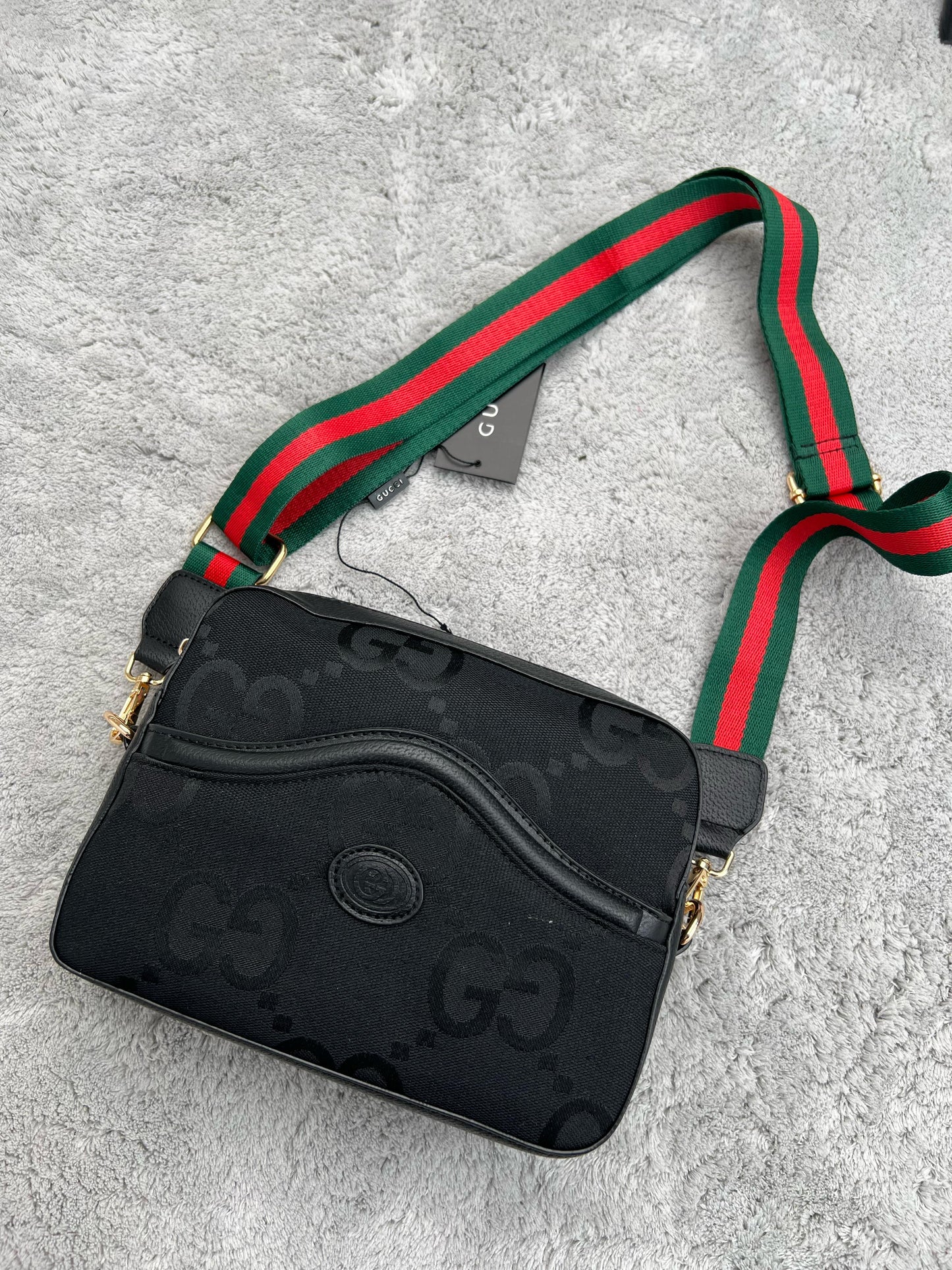 BANDOLERA GUCCI negra correa verde y roja