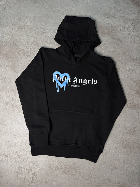 Sudadera Palm Angels negro logo blanco corazon azul