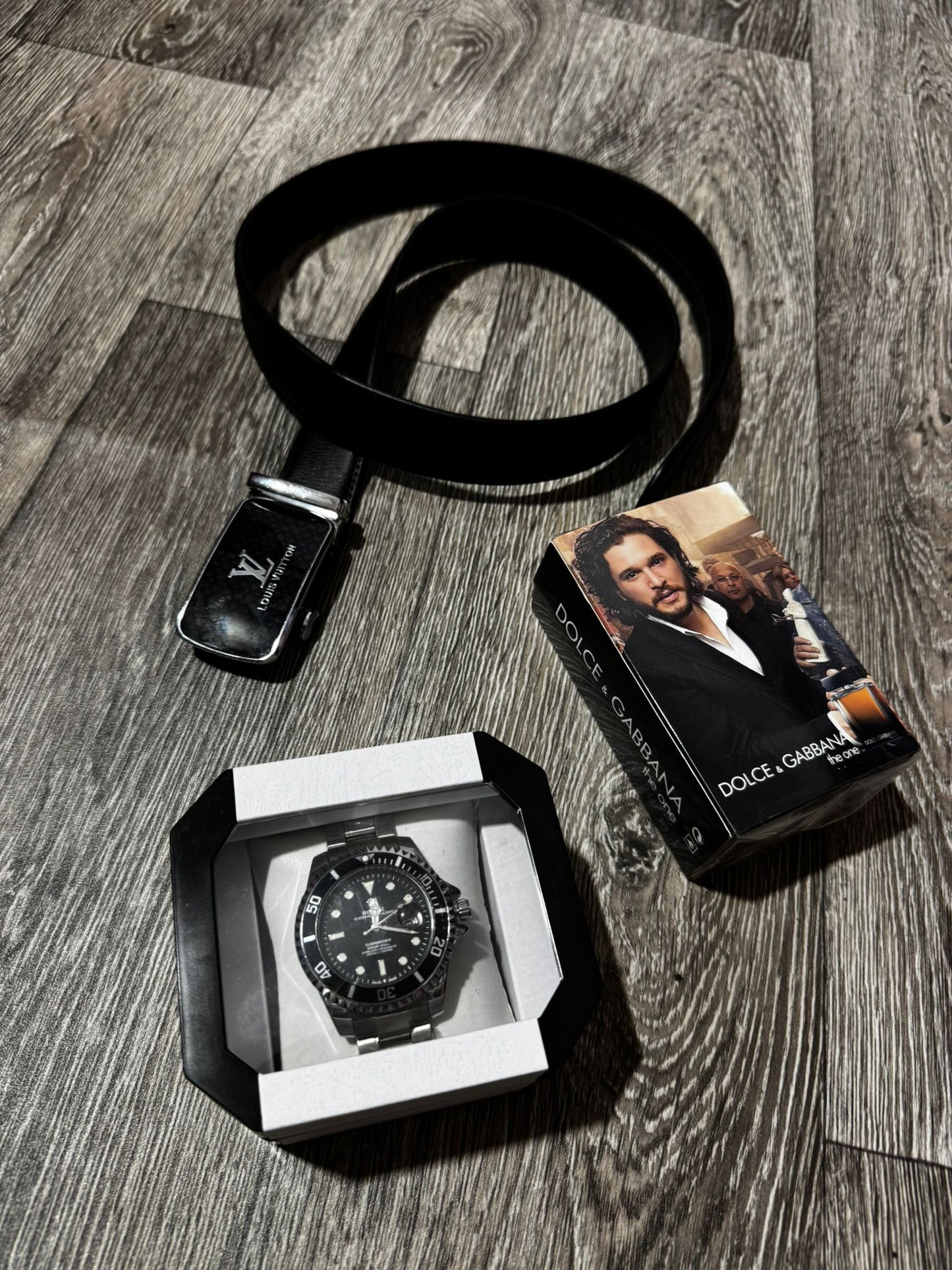 Pack 3 piezas Colonia D&G + Reloj Rolex negro+ Cinturon LV