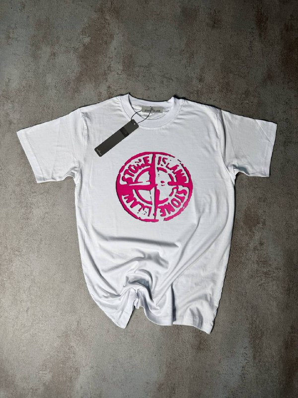 Camiseta Stone Island blanco logo rosa desgastado