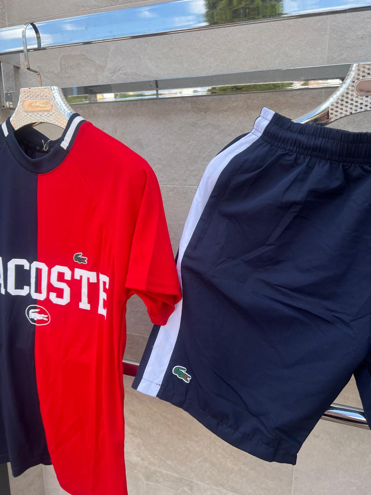 Conjunto corto lacoste azul marino y rojo logo blanco