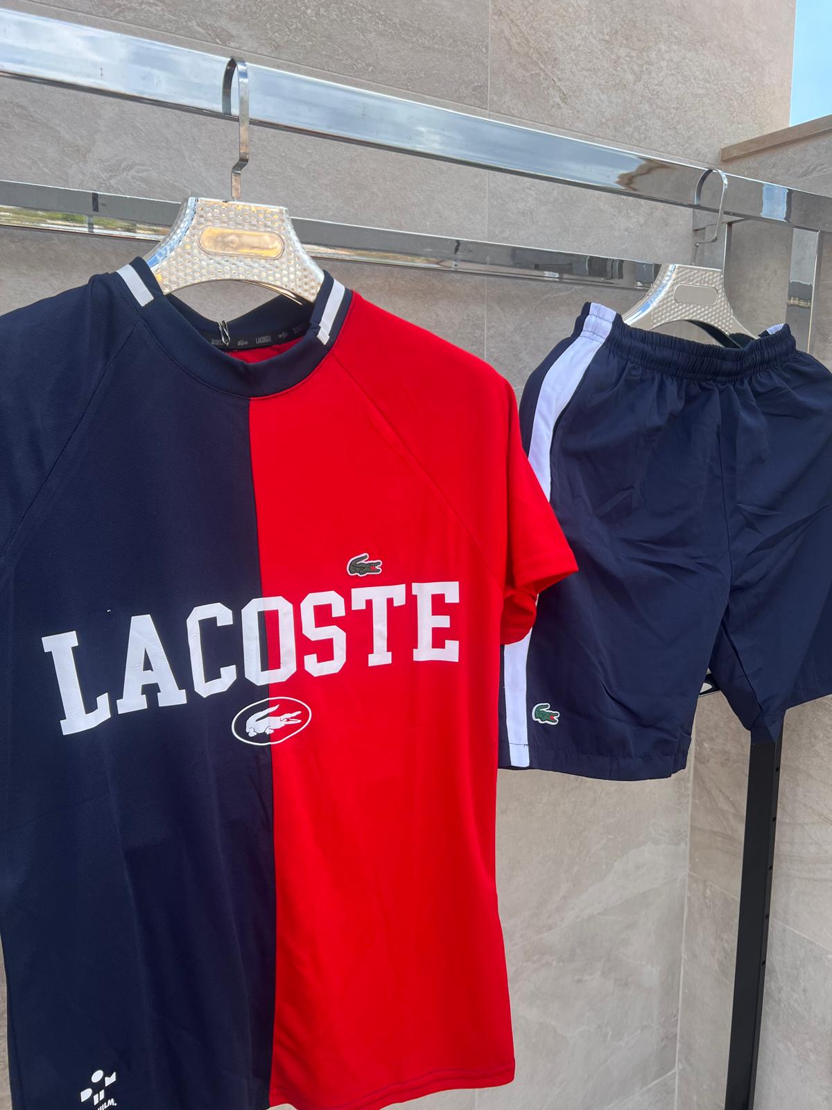 Conjunto corto lacoste azul marino y rojo logo blanco