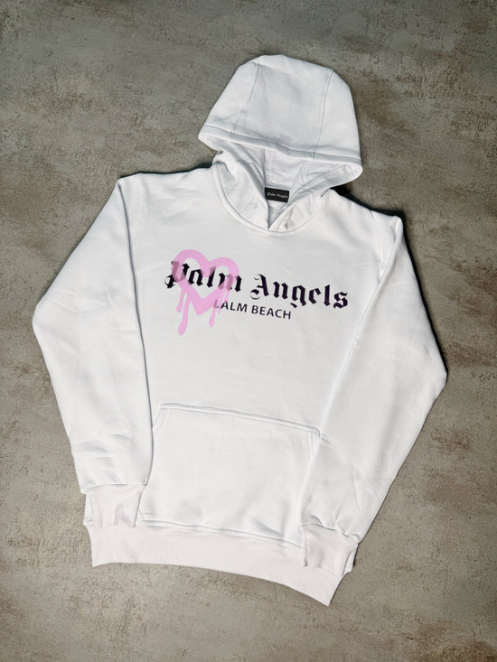 Sudadera Palm Angels blanco logo negro corazon rosa