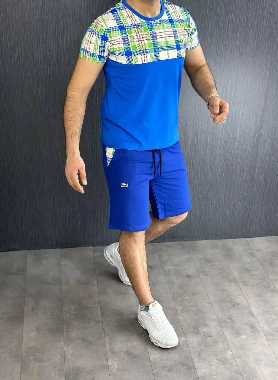 Conjunto corto Lacoste azul logo verde