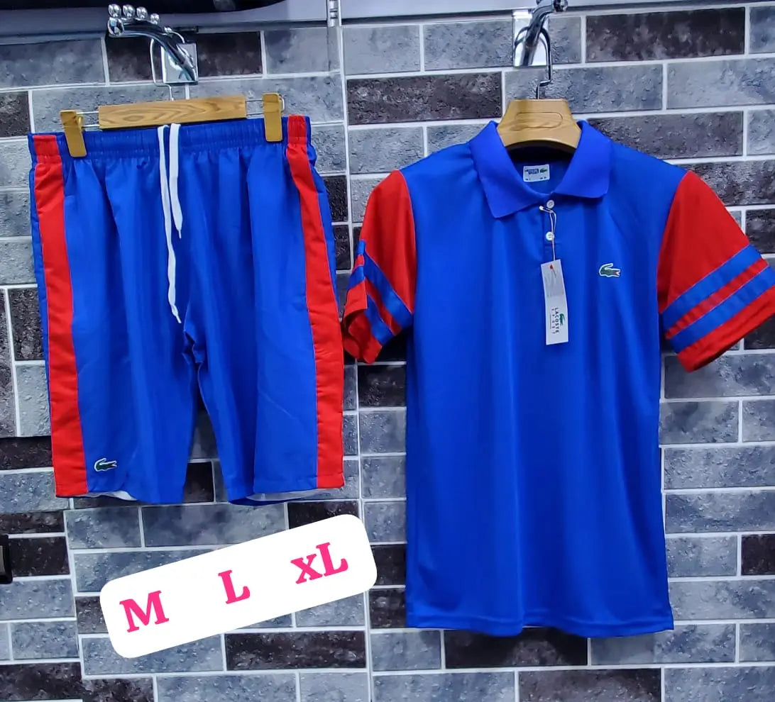 Conjunto corto Lacoste azul y rojo logo verde