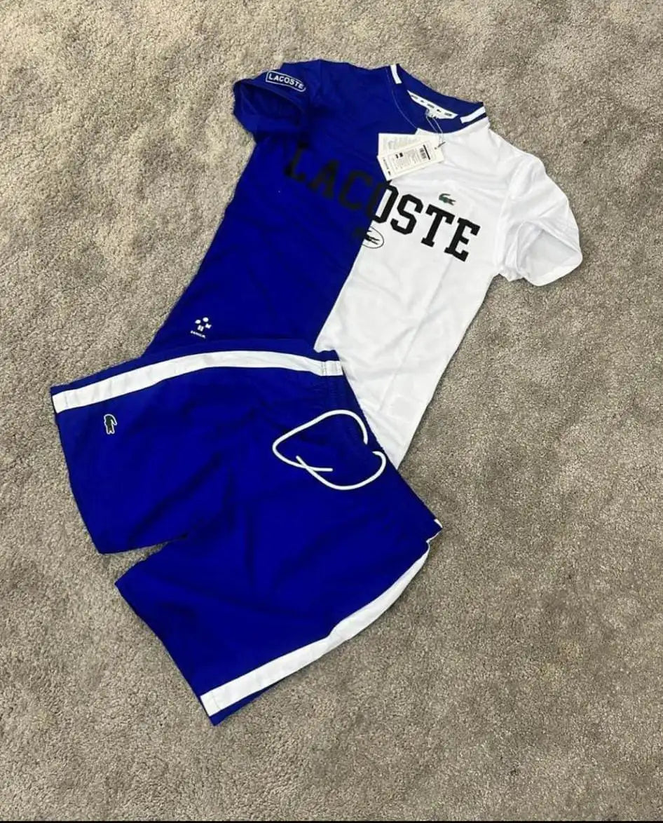 Conjunto corto Lacoste azul y blanco logo negro
