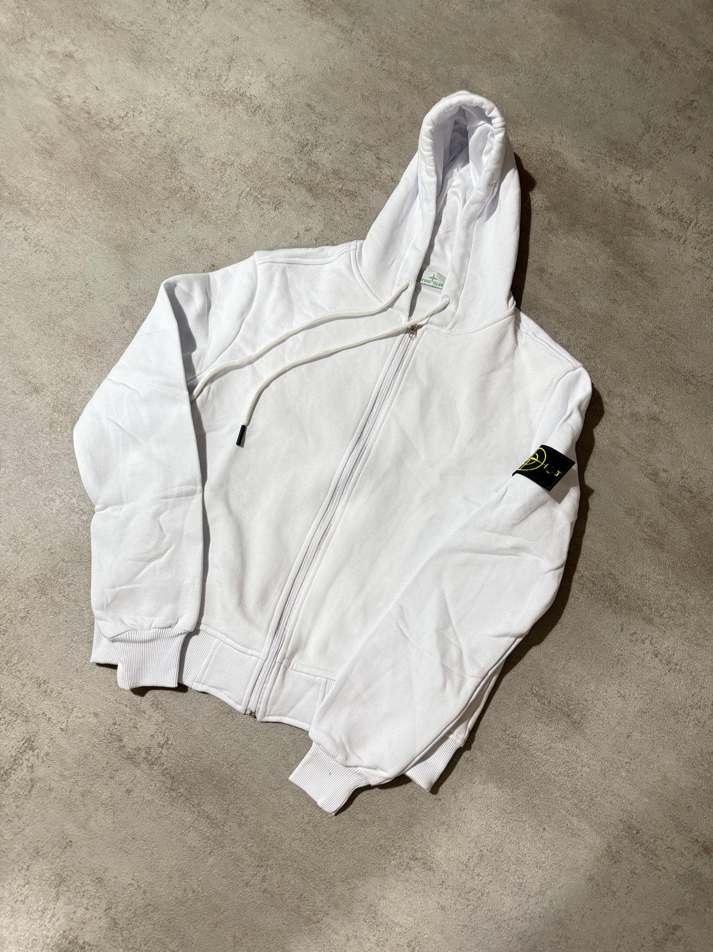 Sudadera con capucha y cremallera blanca STONE ISLAND logo en manga
