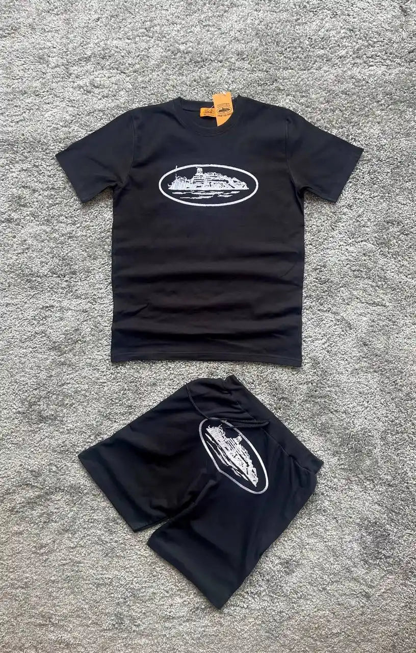 Conjunto verano corteiz negro logo blanco