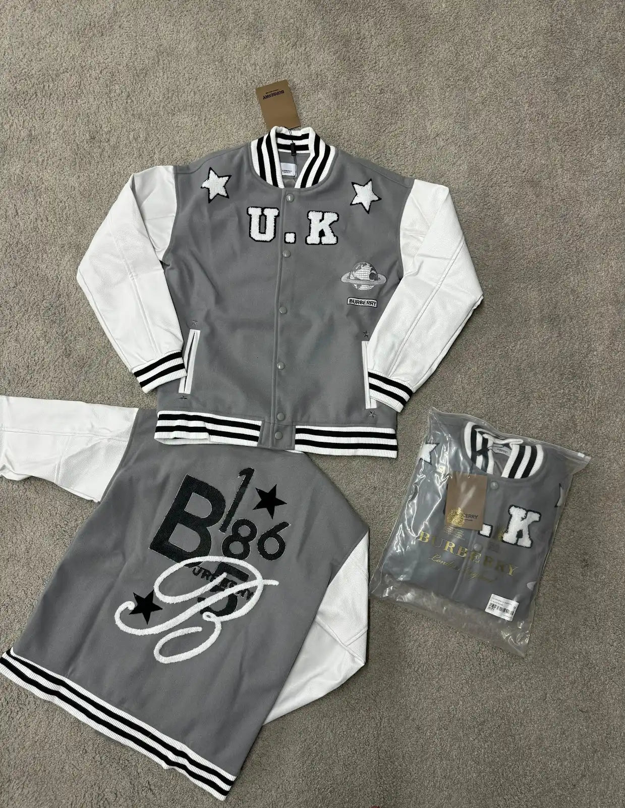 Chaqueta BURBERRY gris logo blanco y negro