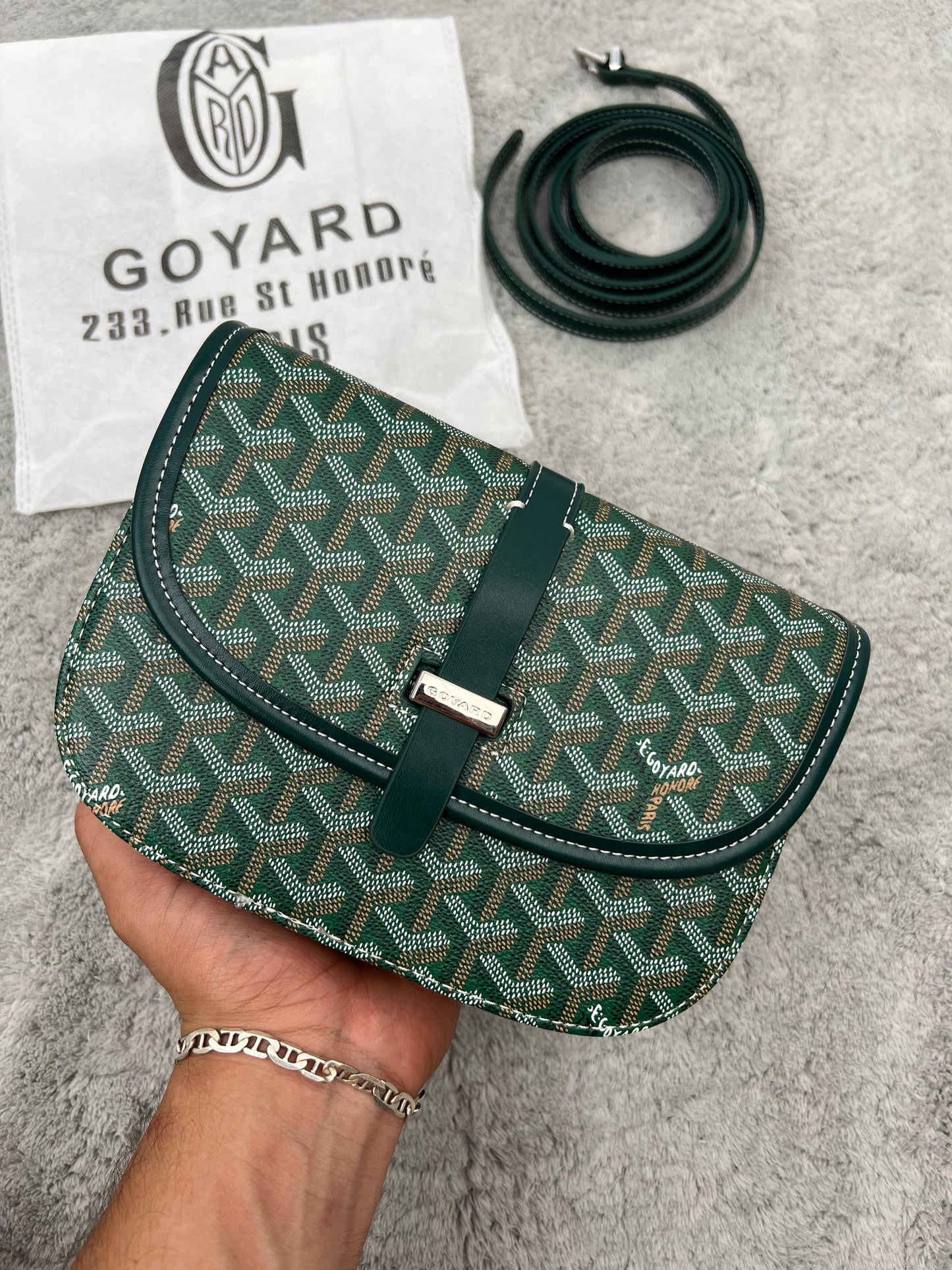 BANDOLERA GOYARD verde detalles plateados