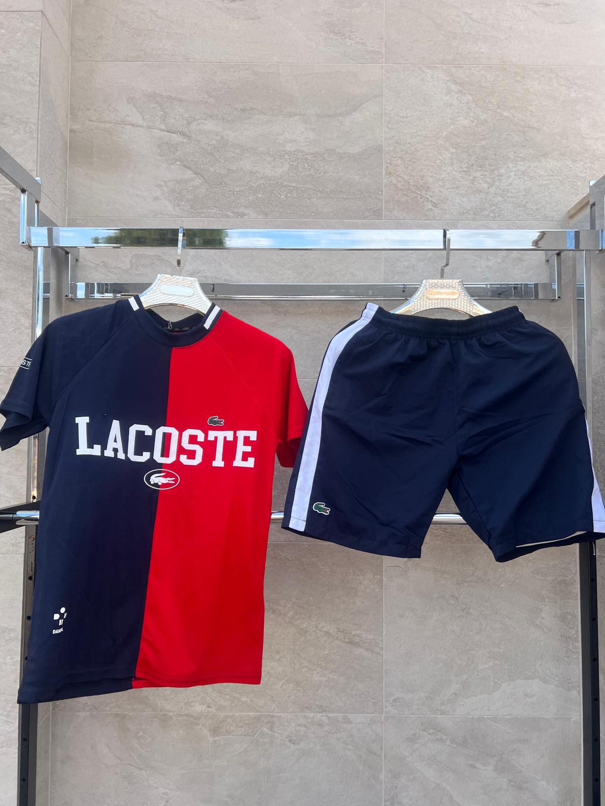 Conjunto corto lacoste azul marino y rojo logo blanco