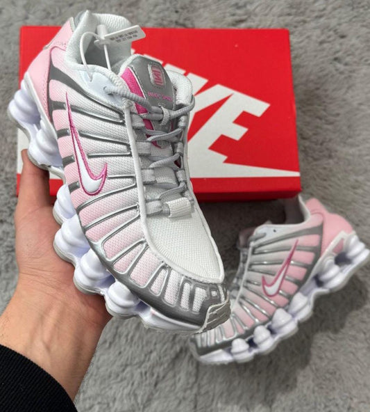 Shox rosas detalles plateados logo blanco contorno rosa