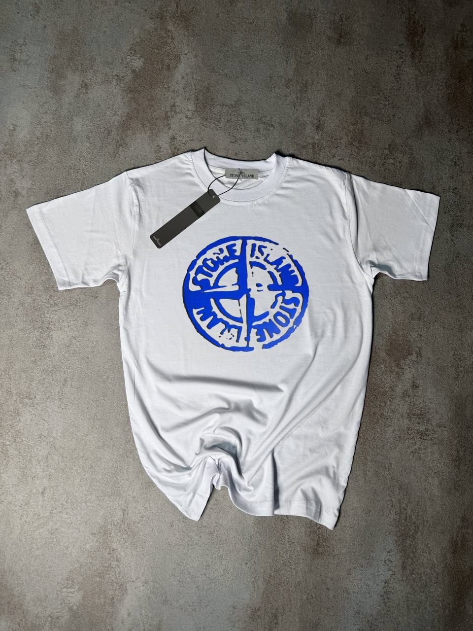 Camiseta Stone Island blanco logo azul desgastado