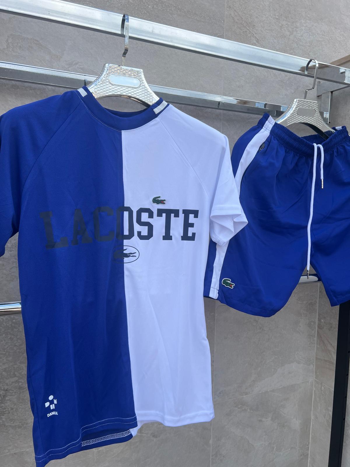 Conjunto corto lacoste blanco y azul logo negro