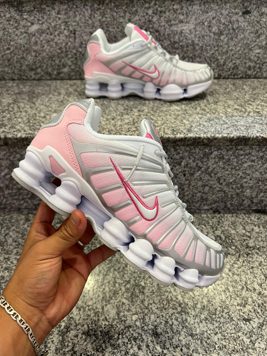 Shox blancas y rosas logo blanco contorno rosa detalles grises