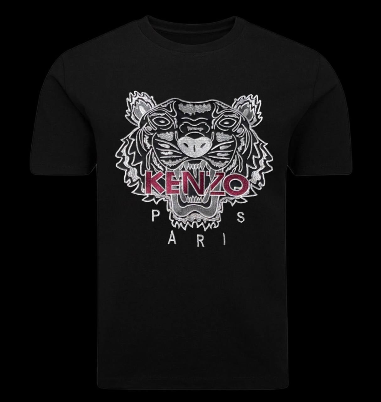 Camiseta kenzo negra logo grande gris y rosa