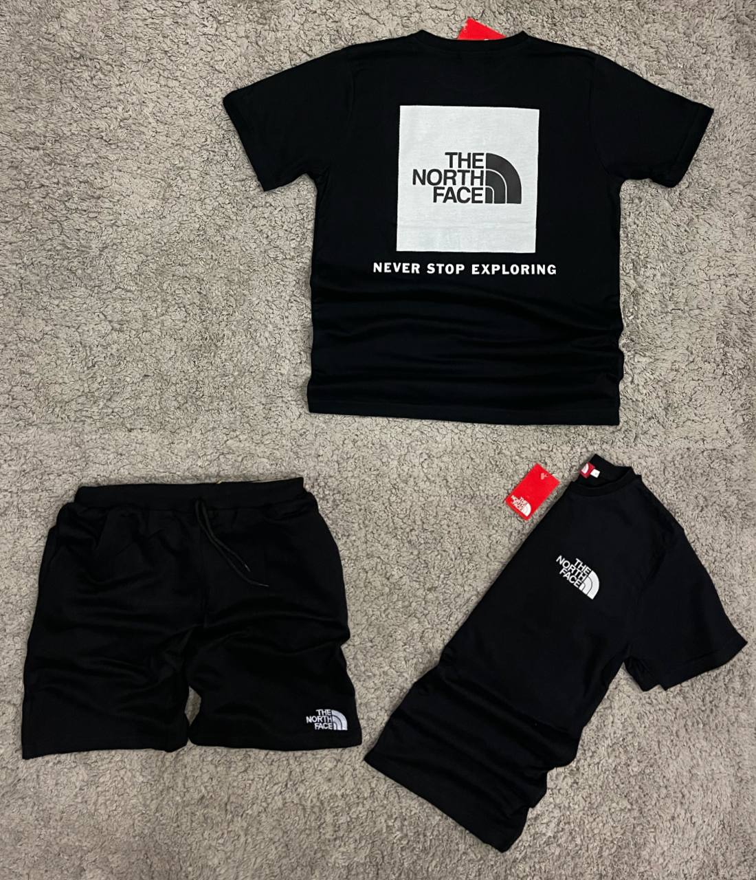 Conjunto verano north face negro logo blanco logo grande espalda