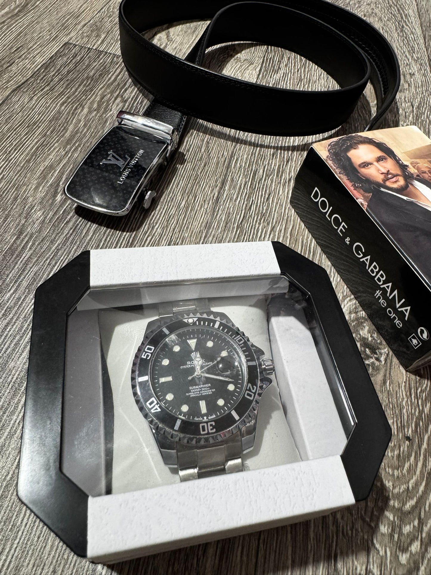 Pack 3 piezas Colonia D&G + Reloj Rolex negro y gris+ Cinturon LV (Copia)