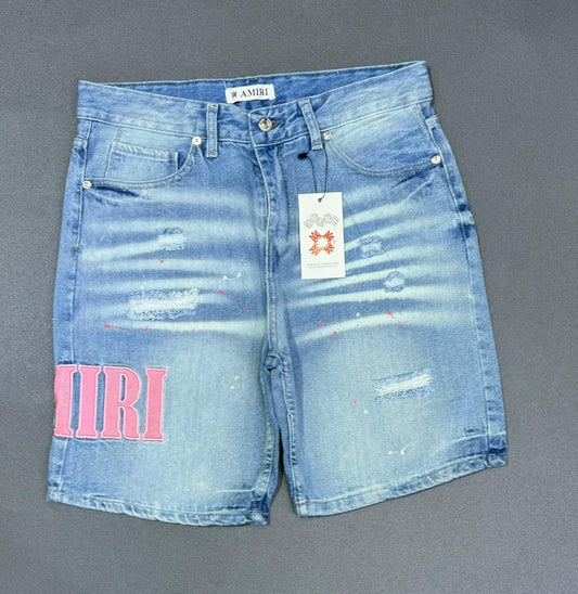 Pantalon corto amiri azul claro logo rosa