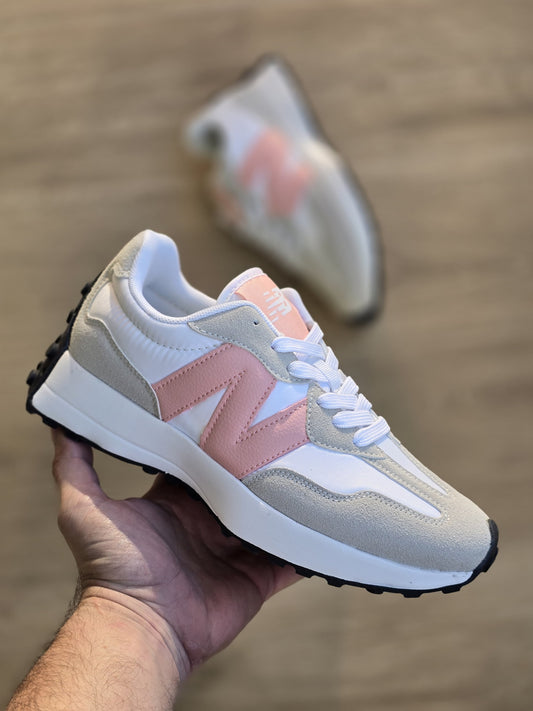 New balance 327 blanca logo rosa