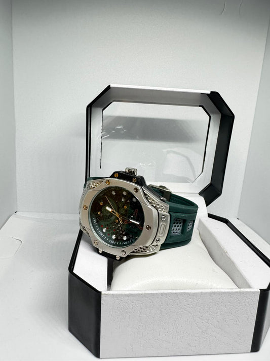 RELOJ HUBLOT NEGRO Y PLATEADO CORREA VERDE