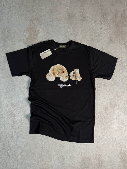 Camiseta palm angels negra logo blanco oso en medio estrellas