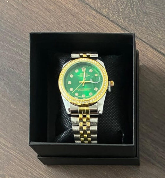 Reloj Rolex dorado verde y plateado