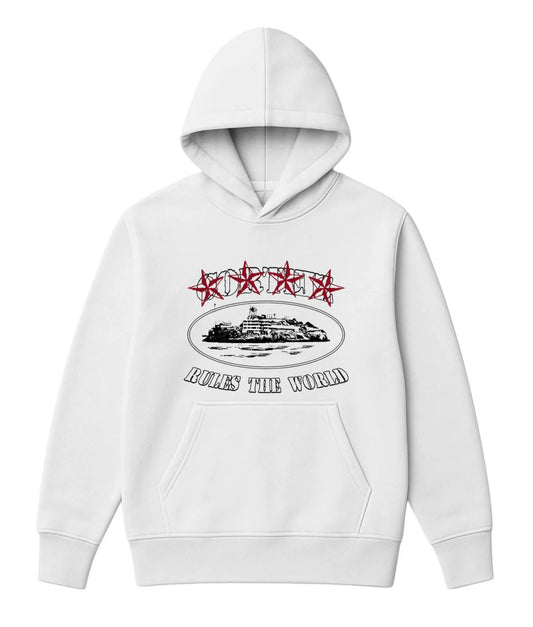 Sudadera CORTEIZ blanco logo negro estrellas rojas