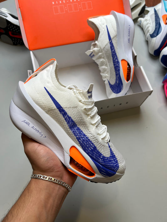 NIKE AIR ZOOM ALPHAFLY NEXT % blanco logo azul detalles naranja