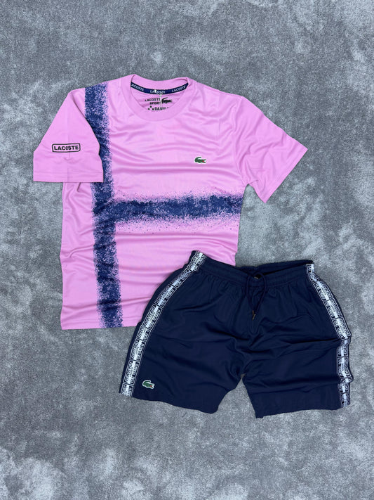 Conjunto corto lacoste rosa logo verde detalles azules