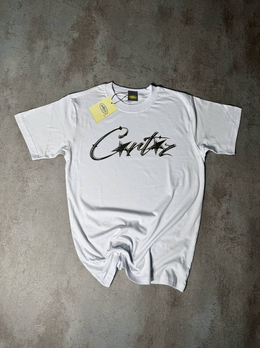 Camiseta Corteiz blanco logo negro detalles blancos
