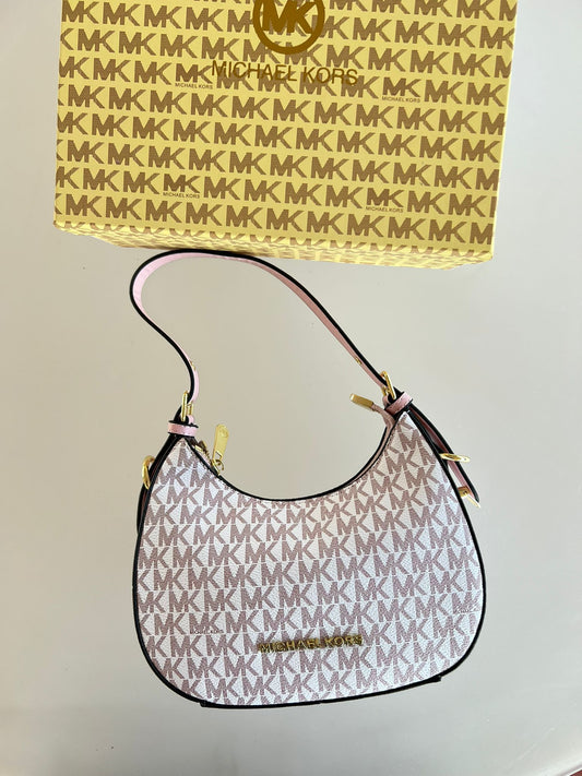 Bolso Michael Kors blanco y gris logo dorado detales negros