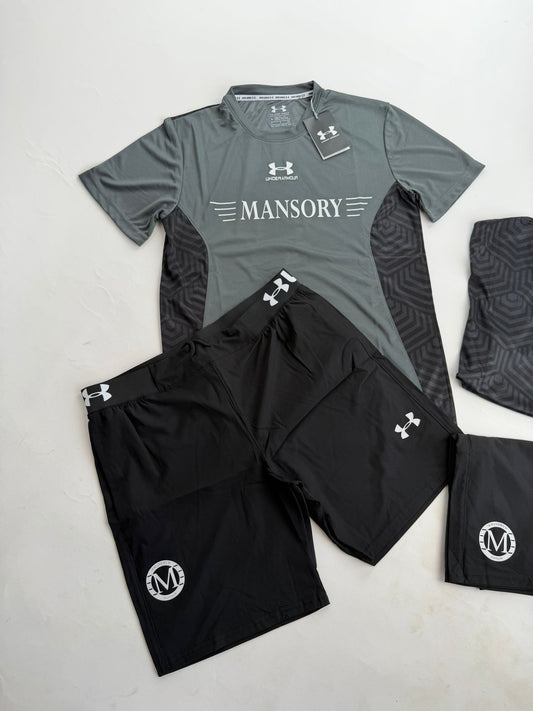 Conjunto corto under armour x Mansory gris y negro logo blanco