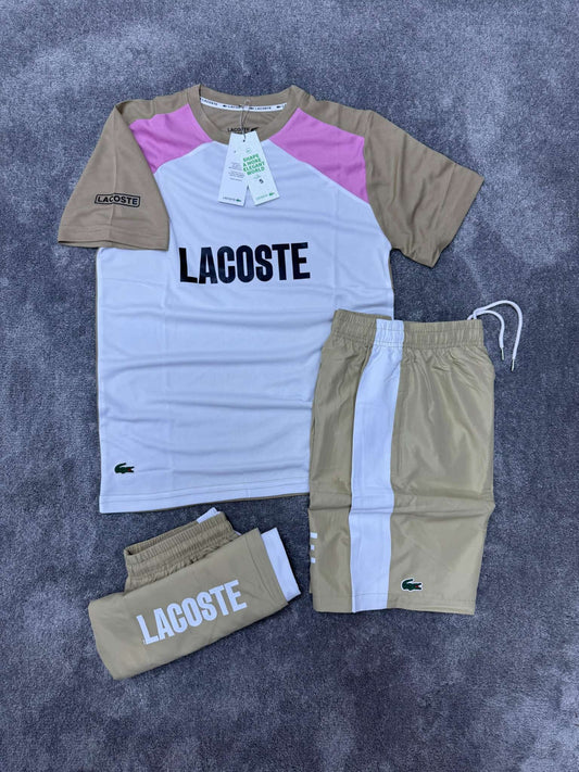 Conjunto corto lacoste blanco detalles beige logo negro