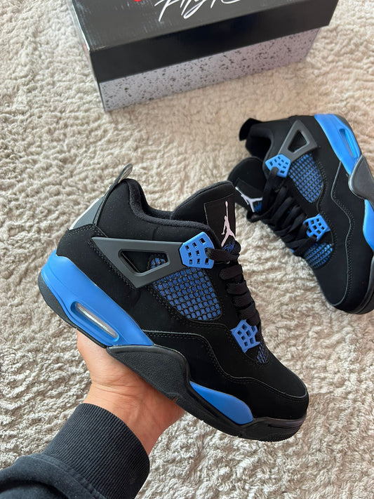 Jordan 4 negras y azules logo blanco