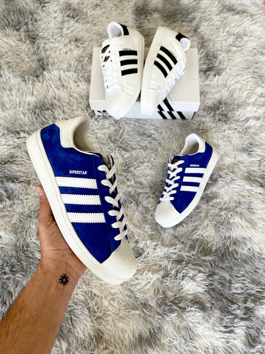 Adidas Superstar azules logo blanco detalles blancos