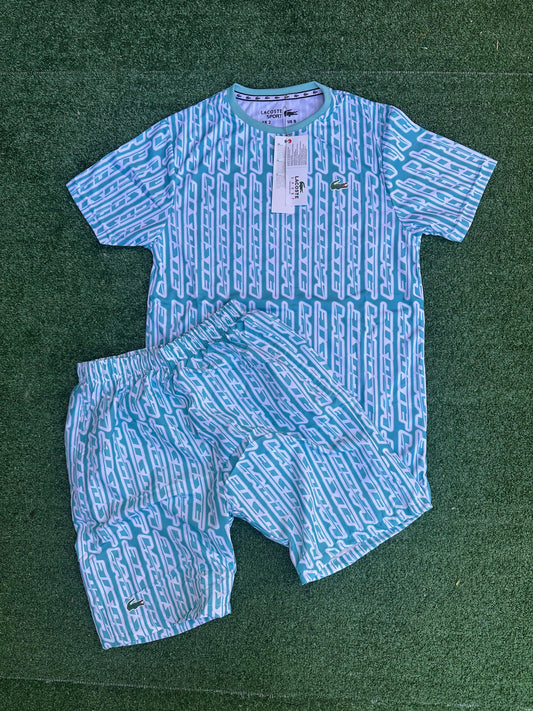 Conjunto corto lacoste azul y blanco logo verde