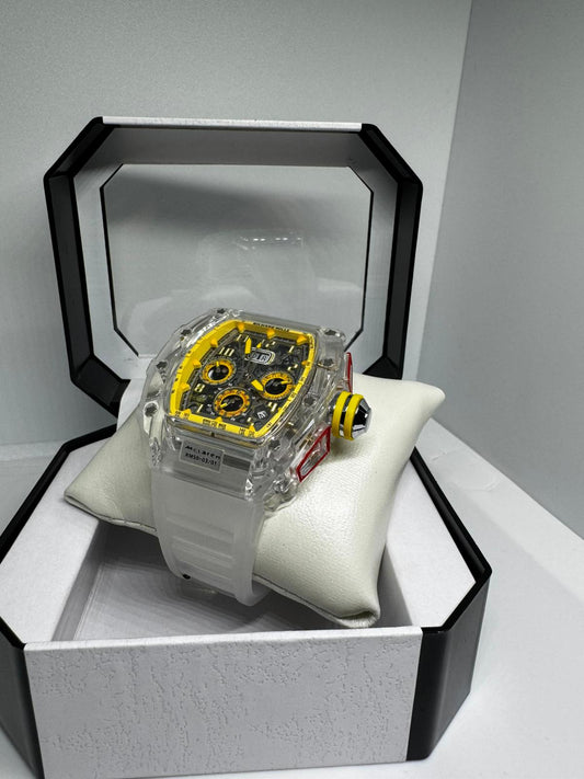 RELOJ RICHARD MILLE GRIS Y AMARILLO DETALLES NEGRAS