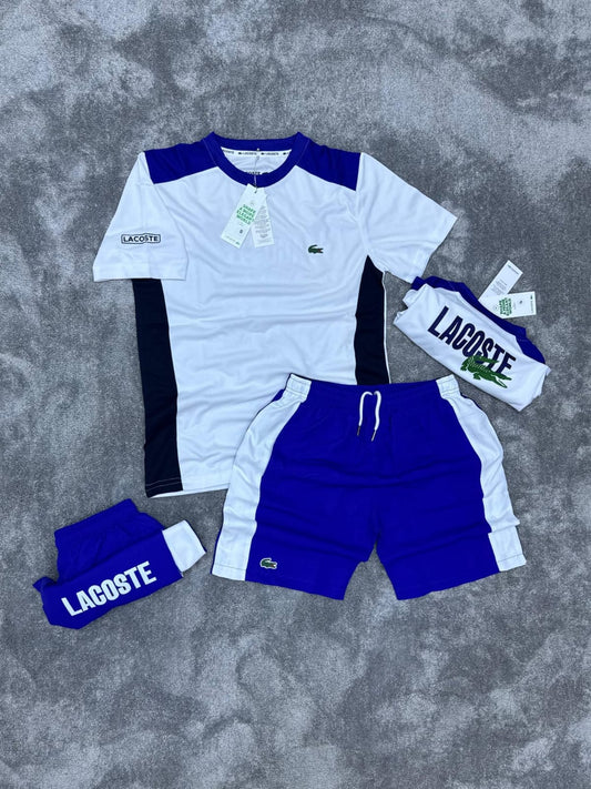 Conjunto corto lacoste blanco detalles azules y negro logo verde