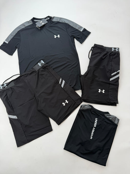 Conjunto corto under armour negro logo blanco detalles grises