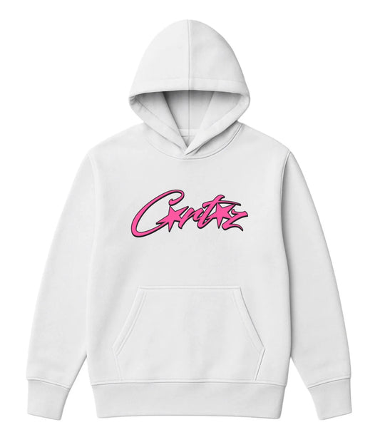 Sudadera CORTEIZ blanco logo rosa contorno negro