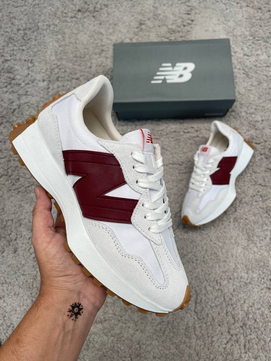 NEW BALANCE 327 blancas logo burdeos
